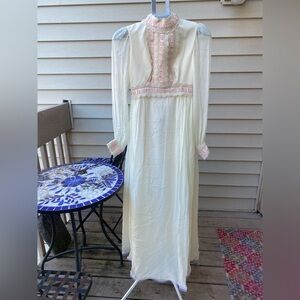 Vintage White and Pink Lace silk Maxi Dress